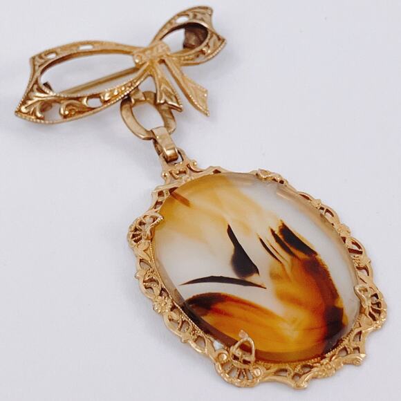 Vintage 1940s 12K Gold Filled Bow Brooch Gemstone Cabochon Mid Century Pin - Picture 5 of 14